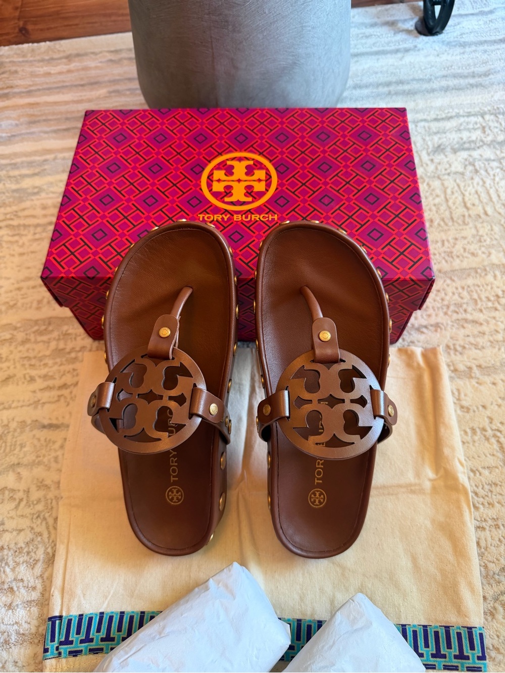 Tory Burch Brown Leather Miller Studded Slide Sandals - Picture 5 of 7